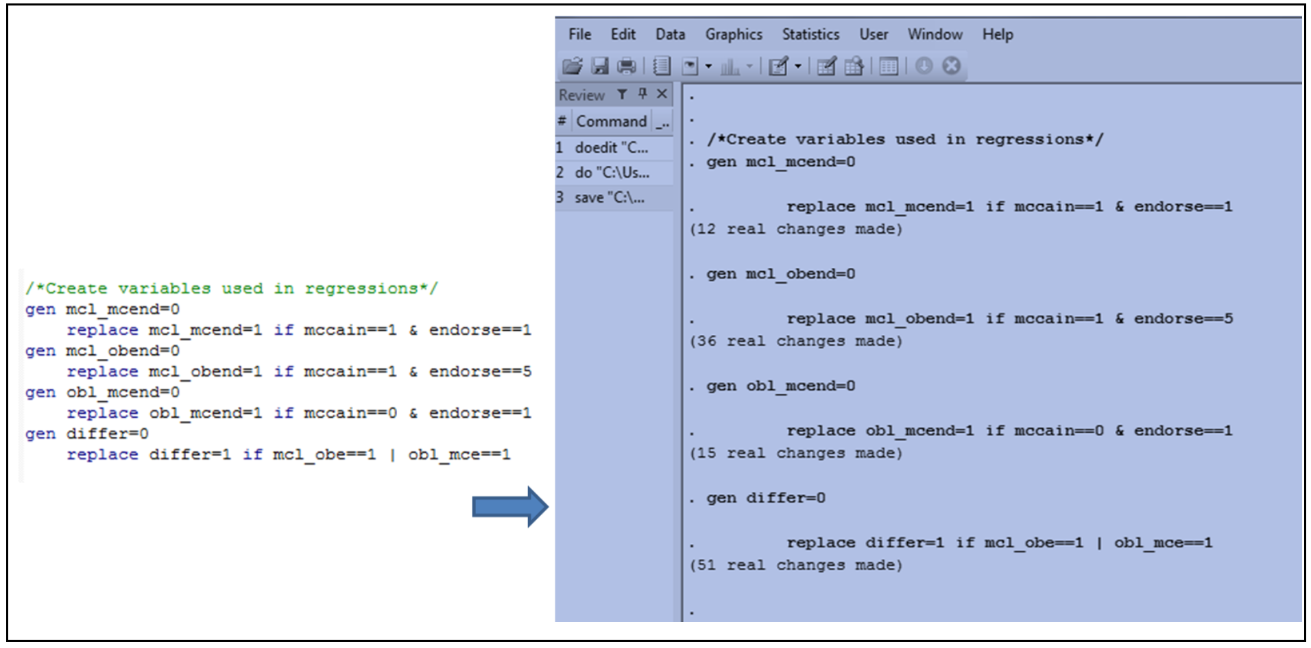 Code and the section of the log the code produced